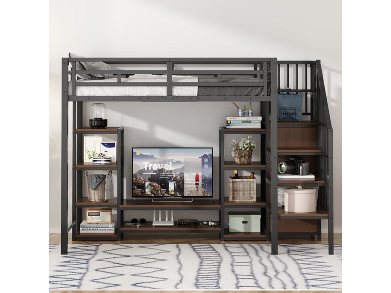  Lit mezzanine adulte 90x200 cm métal et bois noir - échelle, support tv et rangements intégrés  - Conforama E