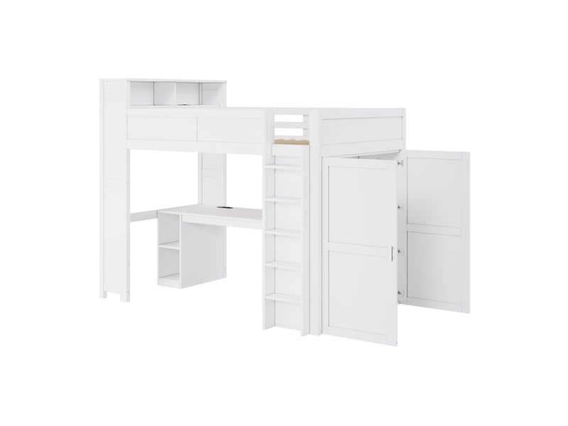  Lit mezzanine 90x200 cm avec bureau, rangement, armoire, usb et led, blanc, sans matelas  - Conforama E