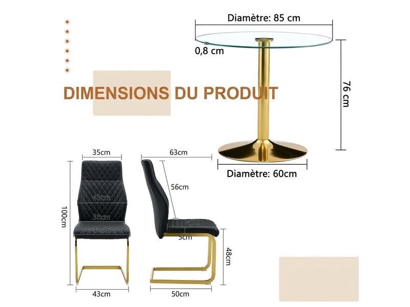  Ensemble table ronde ø85 cm et 2 chaises, verre trempé, pu noir et métal doré  - Conforama C