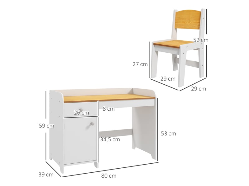  Bureau enfant avec chaise, ensemble bureau 2 pièces avec tiroir et armoire, blanc et naturel  - Conforama D