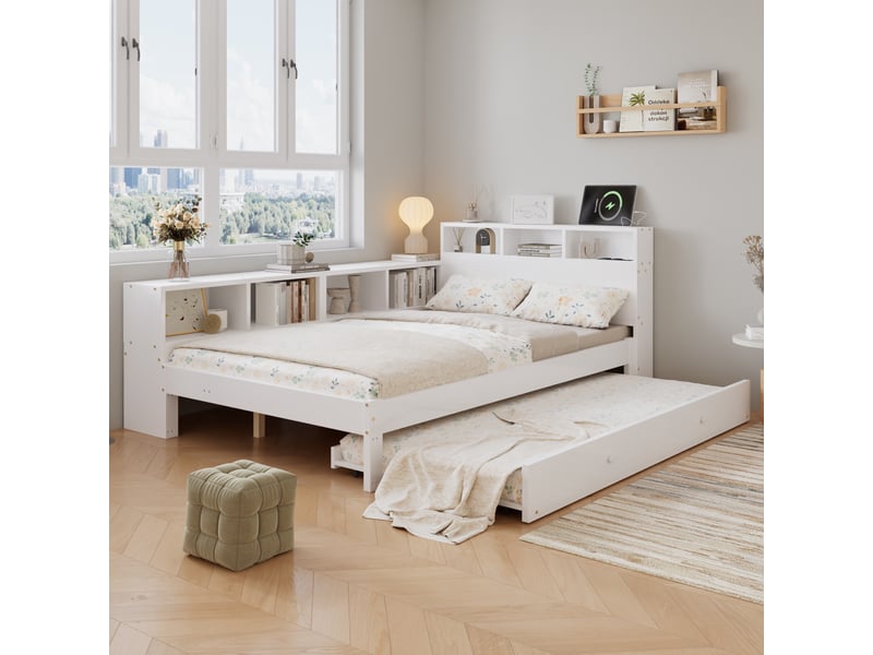  Lit gigogne 120x200cm - avec lit gigogne 90x190 en bois avec tiroir , rangement, étagères, prises - blanc  - Conforama B
