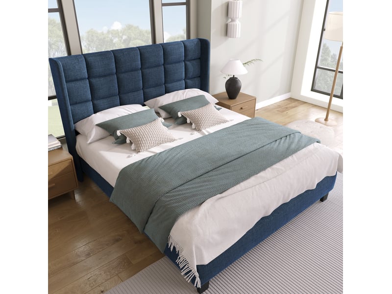  Lit double 140x200 cm bleu en lin avec tête de lit et sommier à lattes  - Conforama B