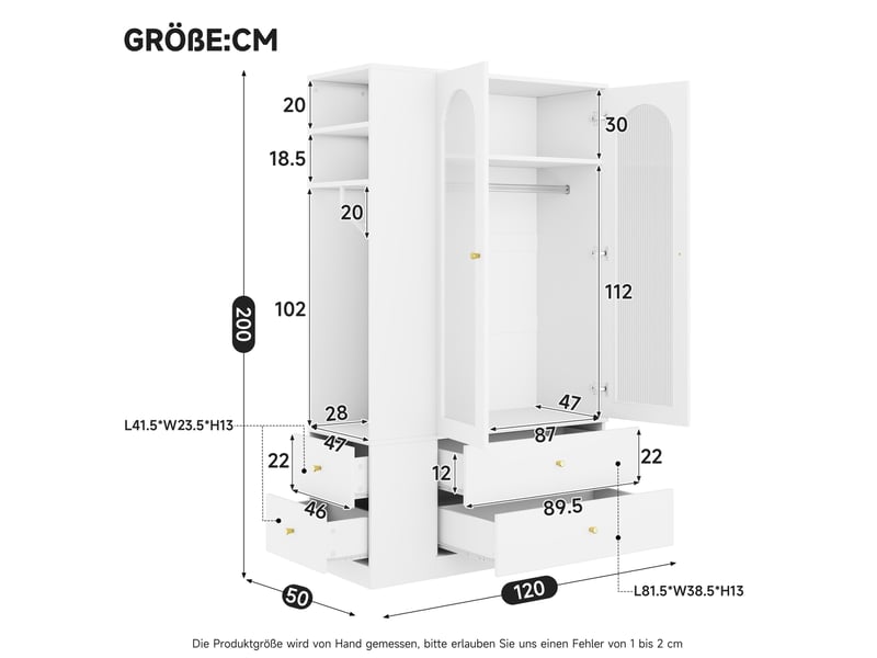  Armoire 120x50x200 cm avec 4 tiroirs, 2 portes en verre et 2 penderies blanche  - Conforama C