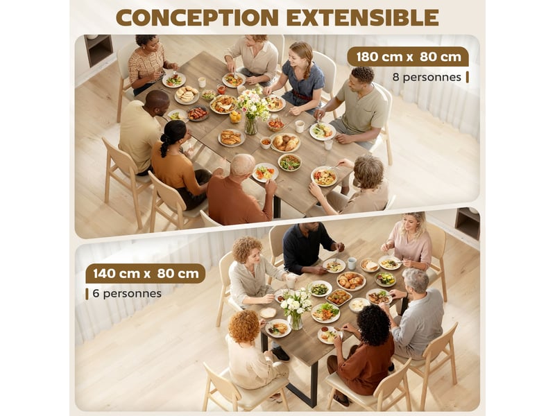  Table à manger extensible rectangle pour 6 à 8 personnes, table de cuisine avec rallonge 140-180 cm, effet bois naturel  - Conforama D