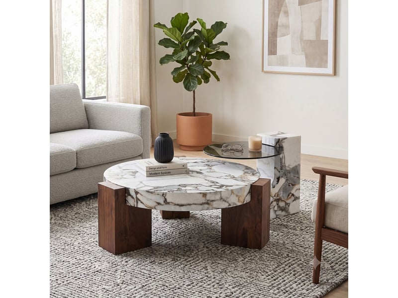  Table d'appoint format rond deux niveaux plateau en verre gris transparent structure en mdf noir en l plateau effet marbre blanc design démontable  - Conforama B