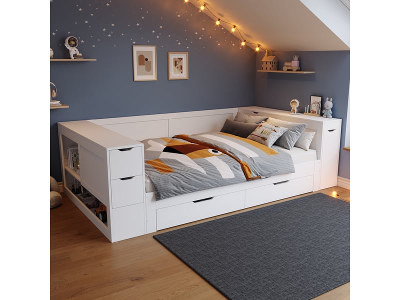  Lit en bois, lit enfant, lit coffre 140x200 cm, lit de jour, lit coffre multifonctionnel avec tiroirs, étagères et rangements, avec tables de chevet, idéal pour adolescents, sans matelas, blanc  - Conforama B