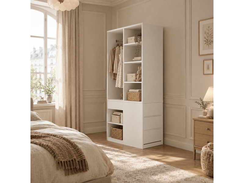  Armoire 70x50x170 cm blanche avec penderie, étagères et 4 tiroirs  - Conforama D