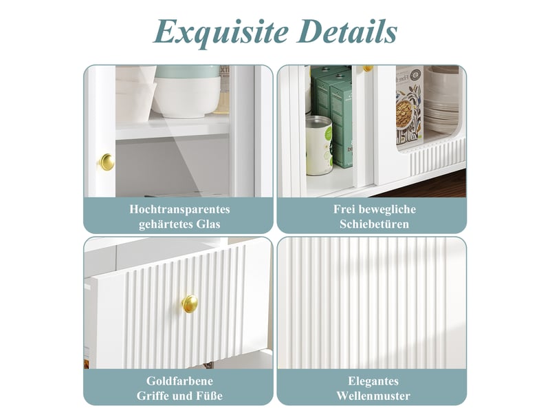  Buffet blanc 120x45x85 cm – plateau extensible et pivotant, portes coulissantes en verre, pieds en métal doré  - Conforama E