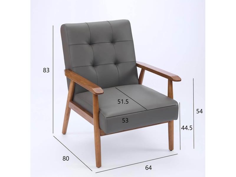  Fauteuil de salon avec dossier capitonné, accoudoirs en bois et structure stable, en cuir gris et bois d'hévéa  - Conforama D