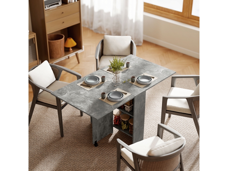  Table de cuisine pliante à roulettes, 2 étagères de rangement et 2 rallonges rabattables, style moderne, 75 x 140 x 74 cm, gris ciment  - Conforama D