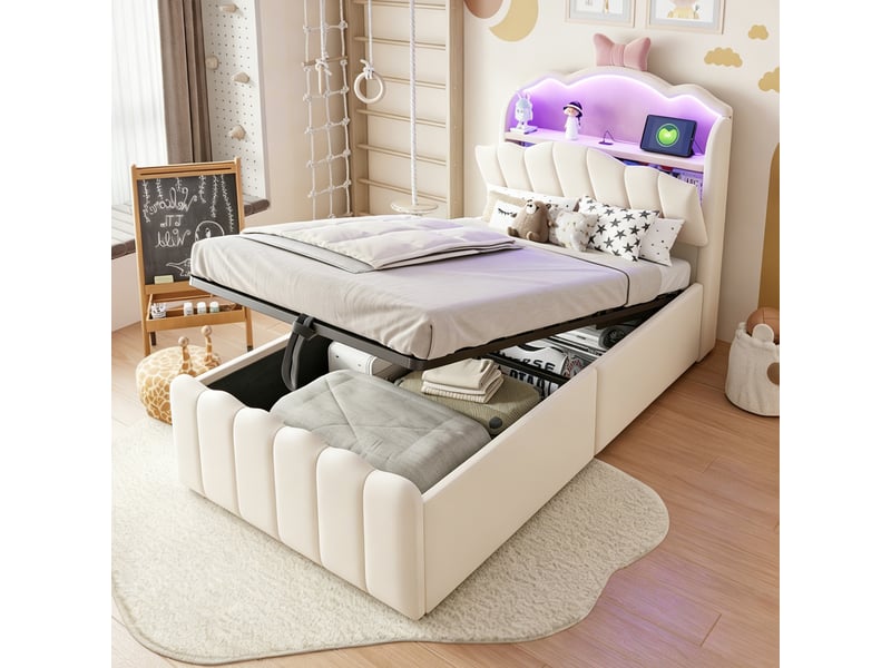  Lit enfant capitonné 90 x 200 cm avec coffre hydraulique, led, usb et tête relevable, beige  - Conforama D
