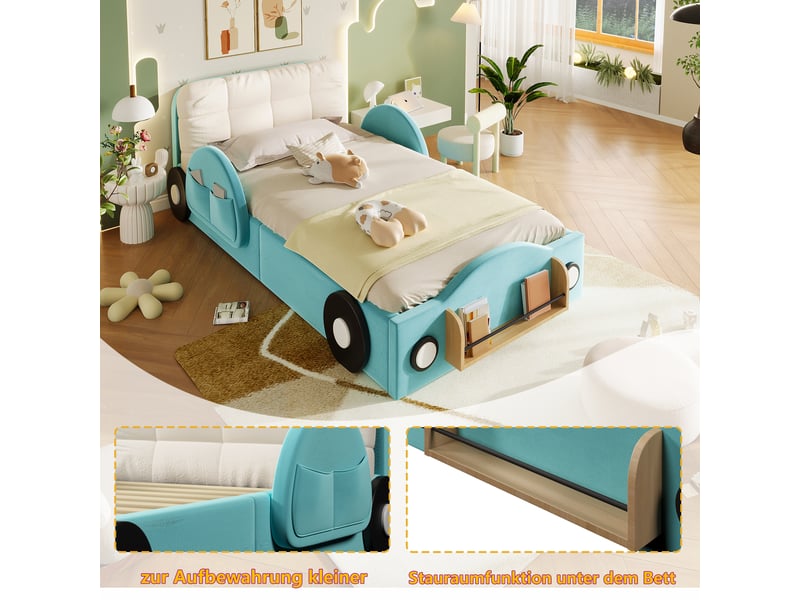  Lit coffre enfant simple 90×200 cm, rangement hydraulique, poches et étagère - okmyhome- bleu, sans matelas  - Conforama E