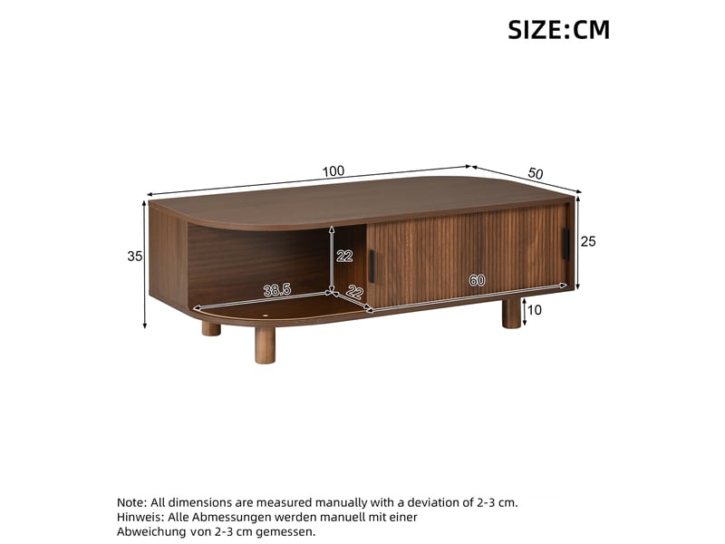  Table basse 100x50x35 cm avec 2 portes coulissantes, finition noyer  - Conforama E