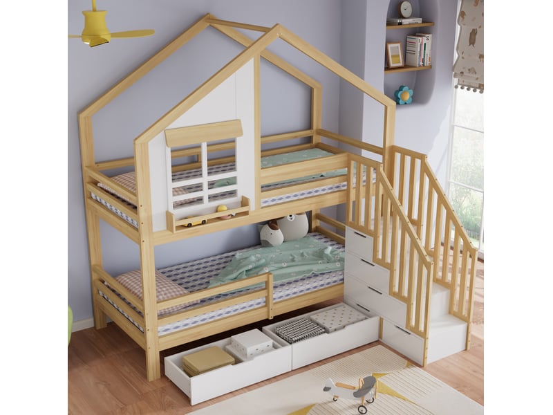  Lit superposé enfant 90x200 cm, rangement, tiroirs à roulettes, escalier, fenêtres, mdf, naturel et blanc, sans matelas  - Conforama D
