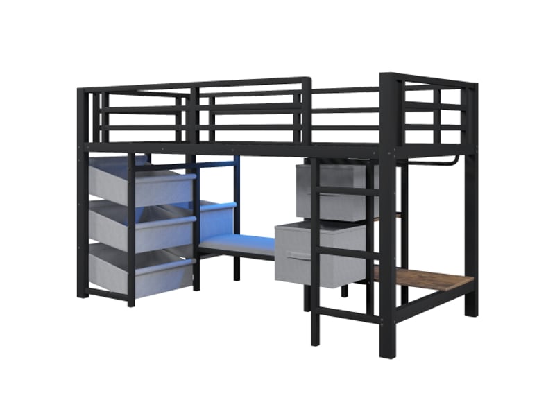  Lit demi-hauteur 90x200 cm noir métal, led rgb, rangements tissu (tiroir et poche), assise et coussins, sans matelas  - Conforama E