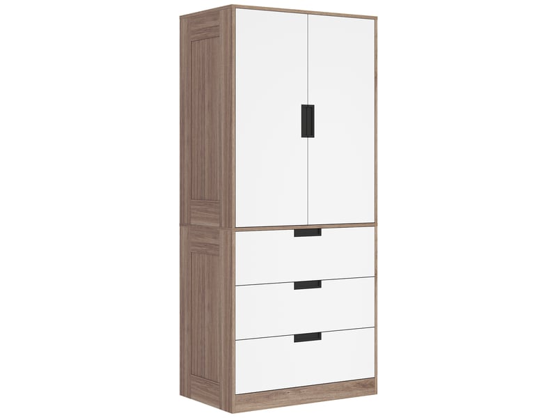  Armoire à deux portes, armoire moderne avec 3 tiroirs et tringle à vêtements pour la chambre, marron  - Conforama A