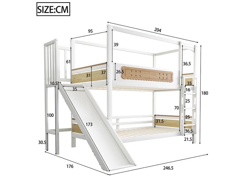  Lit superposé enfant 90 × 200 cm 2 places avec toboggan, barrières et large échelle, sans matelas, blanc et bois  - Conforama D