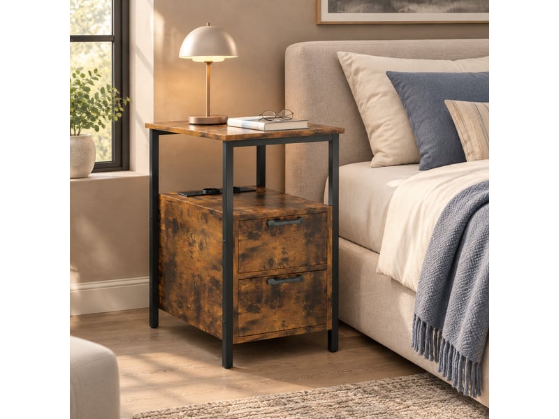 Table d’appoint avec station de charge et 2 tiroirs - lpospi - étagère ouverte, bois marron 55 × 35 × 58,5 cm - Conforama C