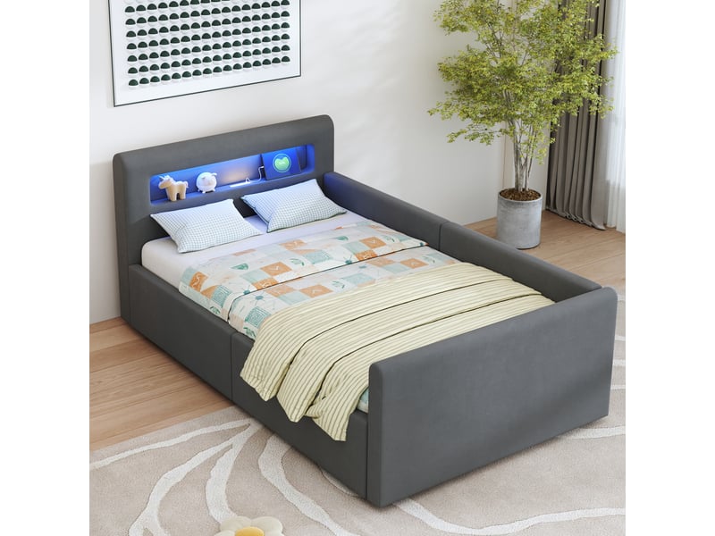  Lit coffre enfant 90x200 cm, led, port usb, espace de rangement, sommier, velours gris foncé, sans matelas  - Conforama B