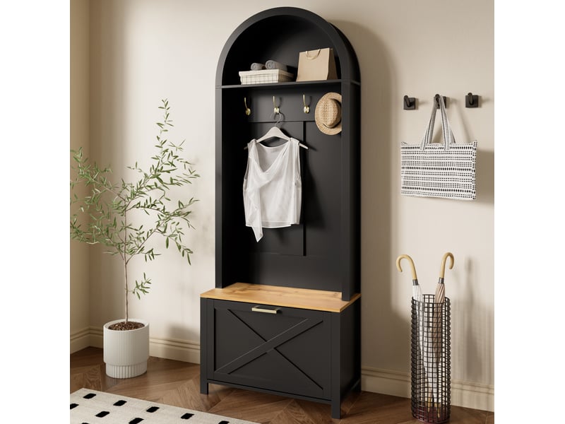  Meubles d'entrée avec patères, tablette et rangement à chaussures en mdf pour couloir, noir et bois, 75 × 35 × 195 cm  - Conforama C