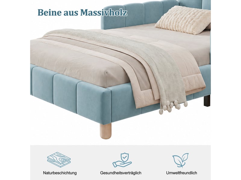  Lit enfant bleu 90x200 cm en velours, pieds en bois massif, protections latérales modulables, tête rembourrée et sommier  - Conforama E
