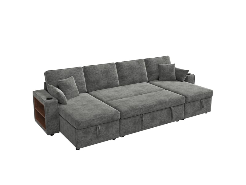 Canapé d'angle en u 270 x 125 x 86 cm convertible lit double méridienne avec coffres usb-c porte-gobelets chenille gris salon chic! - Conforama A
