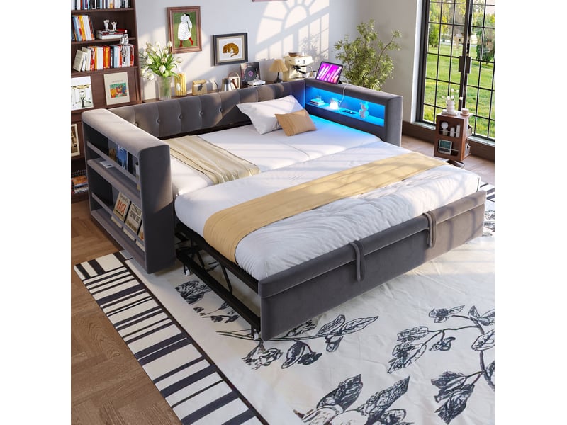  Lit double 180x190 cm convertible avec led et rangement en flanelle gris foncé  - Conforama C
