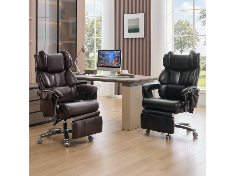  Chaise de bureau massante inclinable avec chauffage et repose-pieds - pivotante 360°, cuir pu marron  - Conforama C