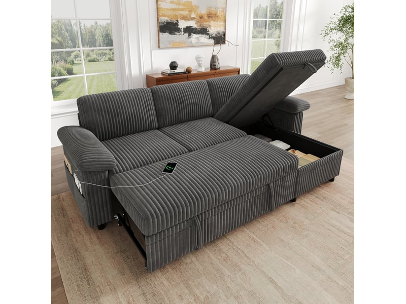  Canapé d'angle convertible réversible avec coffre, dossier réglable et ports usb et type-c en velours côtelé gris  - Conforama D