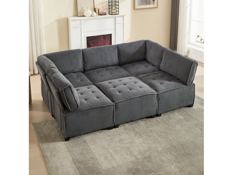  Canapé d'angle modulable 6 places en velours côtelé gris, convertible en couchage, avec poches latérales  - Conforama E