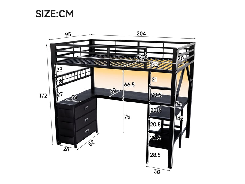  Lit mezzanine gaming en métal 90x200 cm, tiroirs, bureau, étagère, éclairage led, noir  - Conforama C