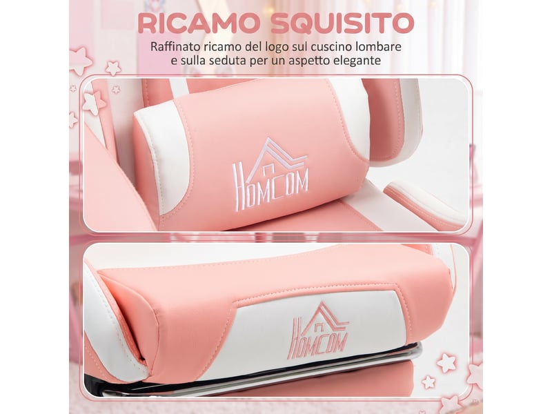 Chaise gaming ergonomique rose avec repose-pieds intégré, dossier inclinable et coussins réglables - Conforama R