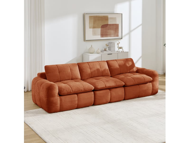  Canapé modulaire 3 places sans cadre à coussins épais design matelassé en chenille orange 264 × 97 × 68 cm  - Conforama D