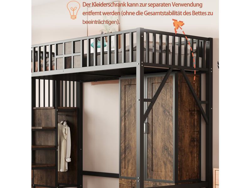 Lit mezzanine 90x200 cm – noir – armoire amovible, tiroir et escalier de rangement en métal et mdf, sans matelas - Conforama E