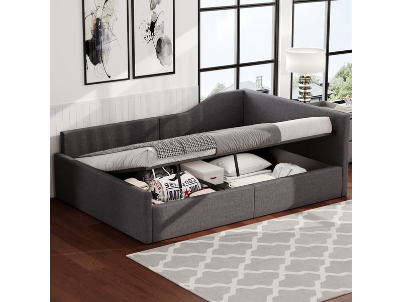  Lit jour avec rangement en mdf contreplaqué et rembourré gris 140x200 cm  - Conforama B