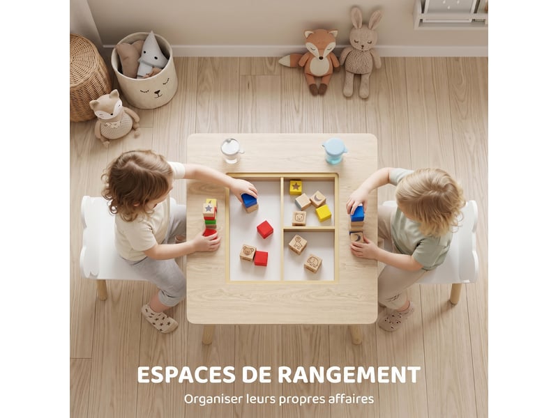 Ensemble 1 table et 2 chaise 3 pièces pour enfants avec plateau réversible espace de bois rangement naturel - Conforama R