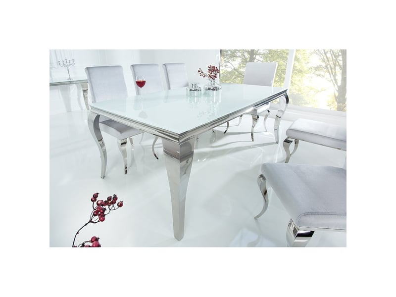 Table de salle à manger velena – acier argenté et verre opale – 200 cm – style baroque moderne  - Conforama C