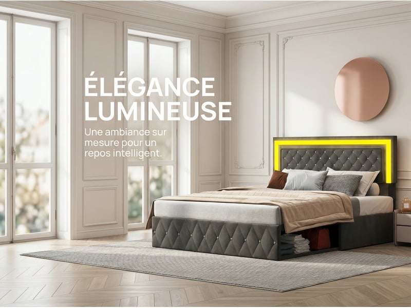  Lit coffre 160x200 cm - led intégrée - velours capitonné - sommier relevable - grand rangement  - Conforama D