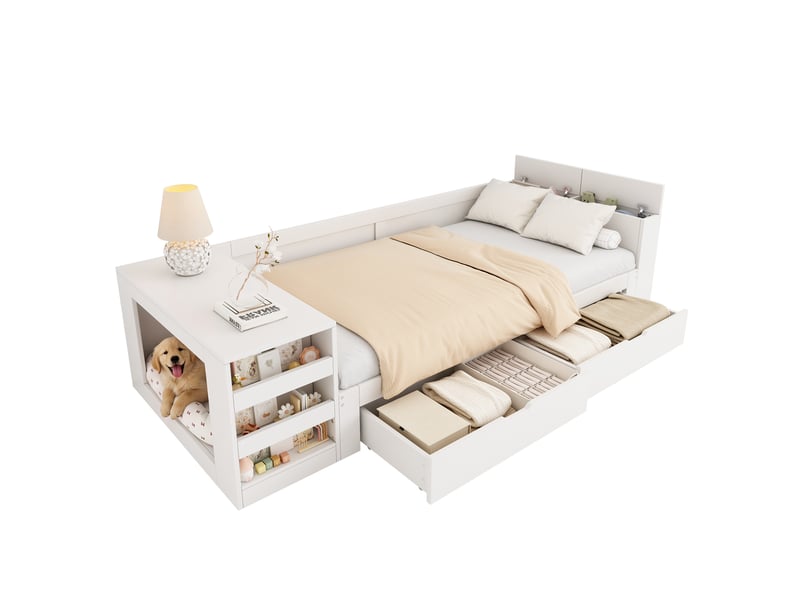 Lit avec rangement 90x200 cm avec tiroirs et rangements, en bois, blanc, sans matelas  - Conforama D