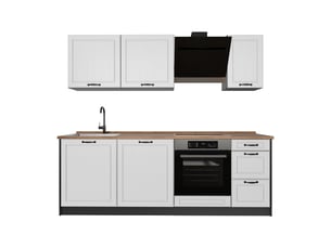 Vicco cuisine, blanc campagneanthracite, 220cm plan de travail chêne doré