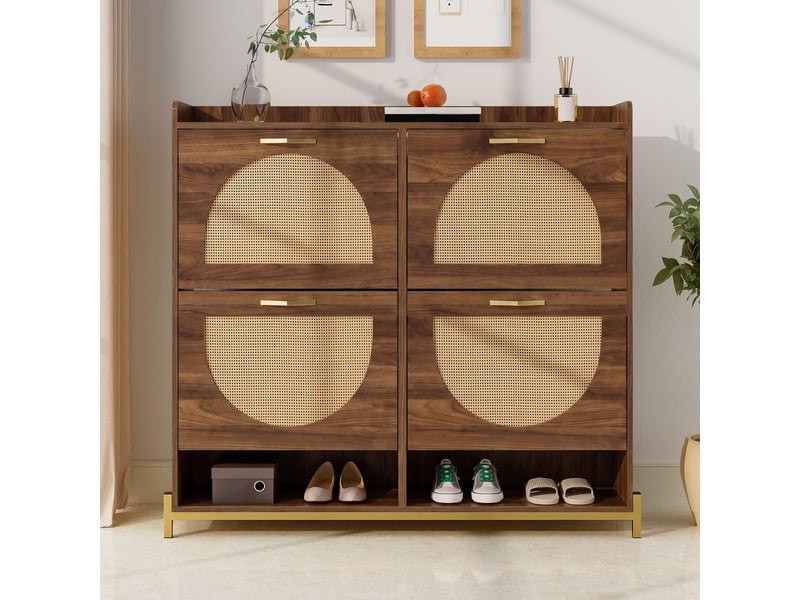  Meuble à chaussures 108,5x24x100 cm, 4 abattants, effet rotin, niches ouvertes, grand rangement pour entrée et couloir - noyer  - Conforama B
