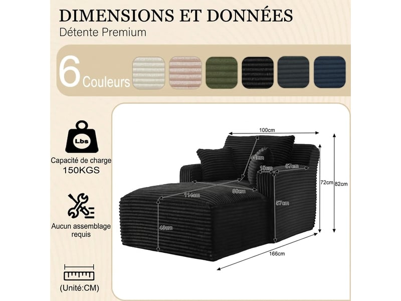  Méridienne velours côtelé noir canapé lit 1 place sans montage  - Conforama C