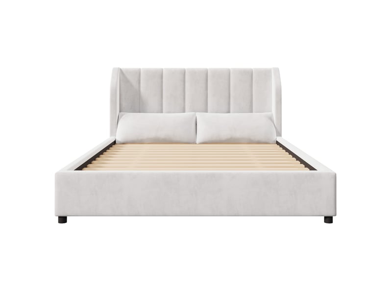  Lit rembourré beige 140x200 cm en velours, 2 coussins inclus, tête de lit à surpiqûres verticales et sommier à lattes en bois  - Conforama D