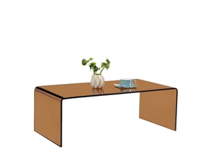 Table basse 100x50x35 cm en verre trempé brun, plateau rectangulaire et structure fixe courbée