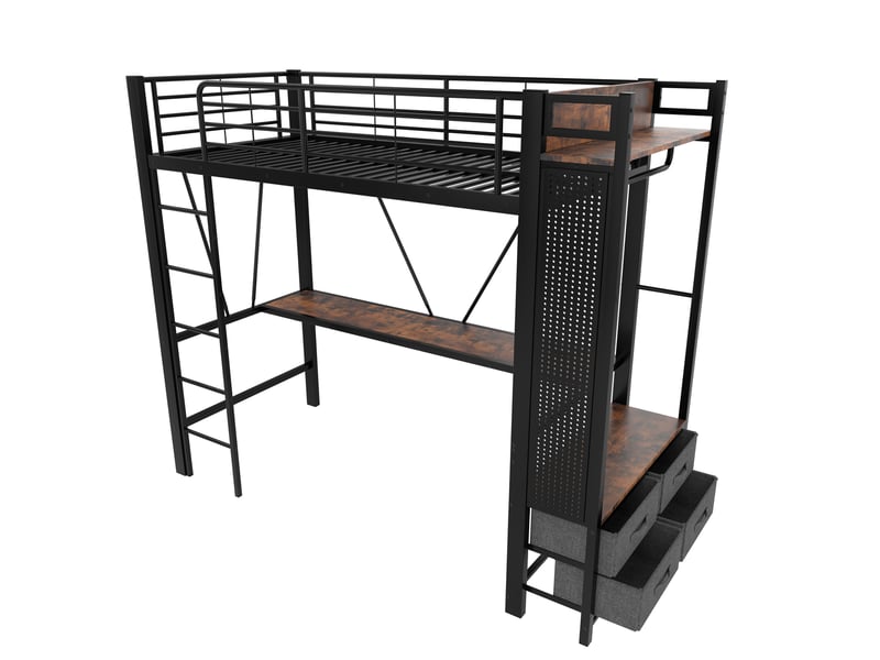  Lit mezzanine enfant 90x200 cm avec bureau, penderie, 4 tiroirs, tablettes et led, mdf et métal, noir, sans matelas  - Conforama D
