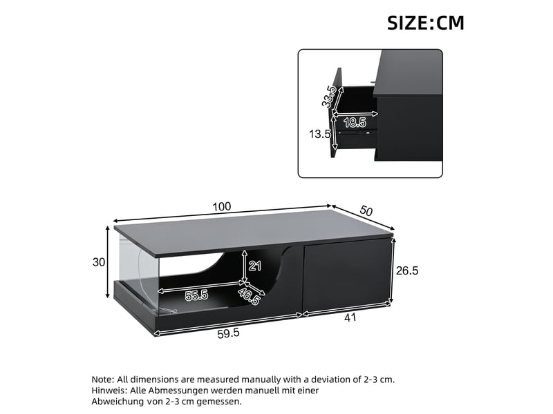  Table basse design noire - 2 tiroirs - haute brillance - verre trempé - led contrôlables - mdf 100x50x30cm - Conforama E