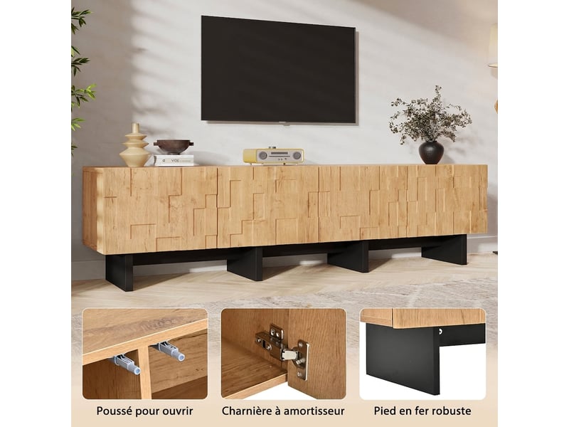  Meuble tv 180 cm en bois naturel pour écran jusqu'à 75 pouces, avec 4 portes à motif gaufré et pieds noirs  - Conforama W