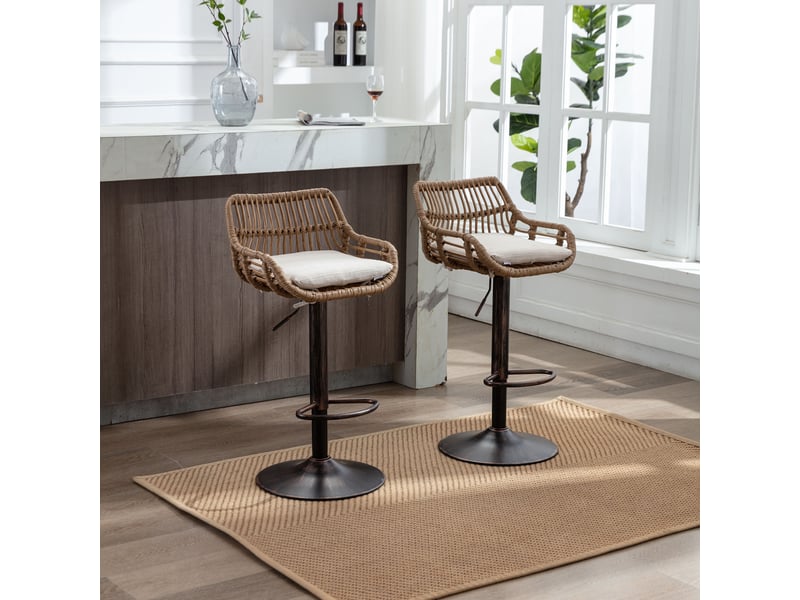  Lot de 2 tabourets de bar réglables et pivotants en lin beige W3056P262426 - Conforama B