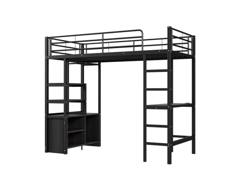  Lit mezzanine 90x200 cm, lit enfant avec bureau, prise usb, étagères et armoire, en métal, noir, sans matelas  - Conforama E