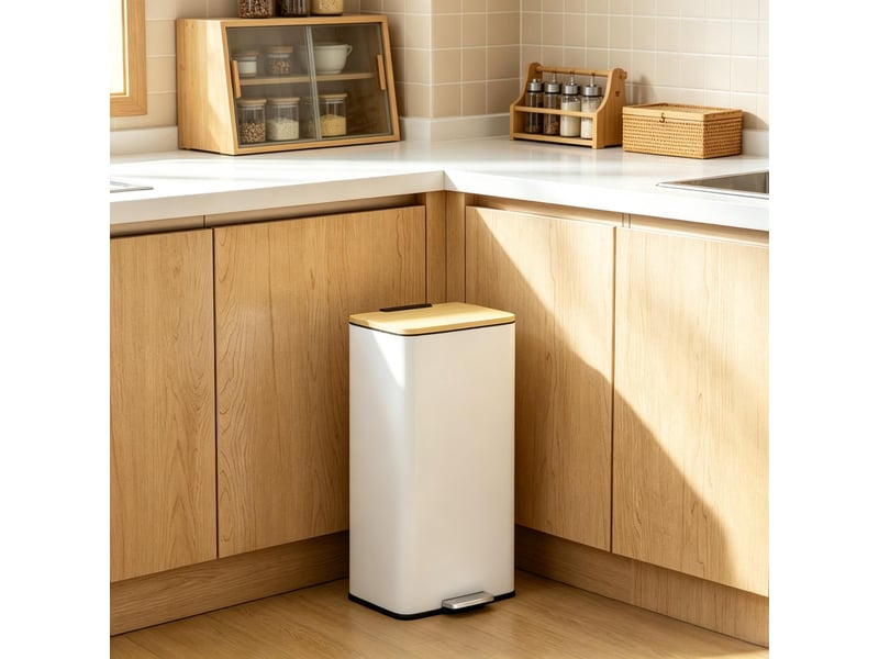 Poubelle de cuisine 20 l blanche à pédale, couvercle bambou soft-close, bac amovible  - Conforama E